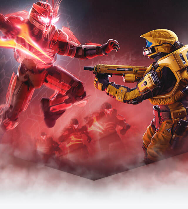 Key art for Halo Infinite Season 4: Infection featuring a Spartan soldier with glowing eyes wielding a glowing energy sword while leaping at another Spartan wielding a rifle.